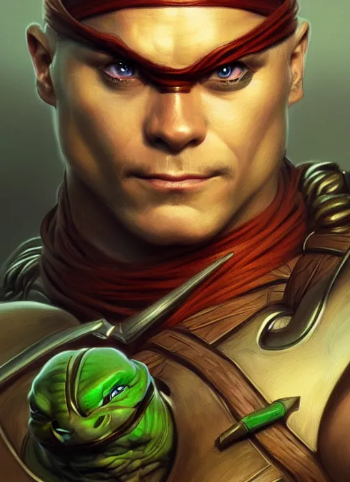 Image similar to Portrait of ninja turtle, D&D, muscular, fantasy, intricate, elegant, highly detailed, digital painting, artstation, concept art, smooth, sharp focus, illustration, art by artgerm and greg rutkowski and alphonse mucha