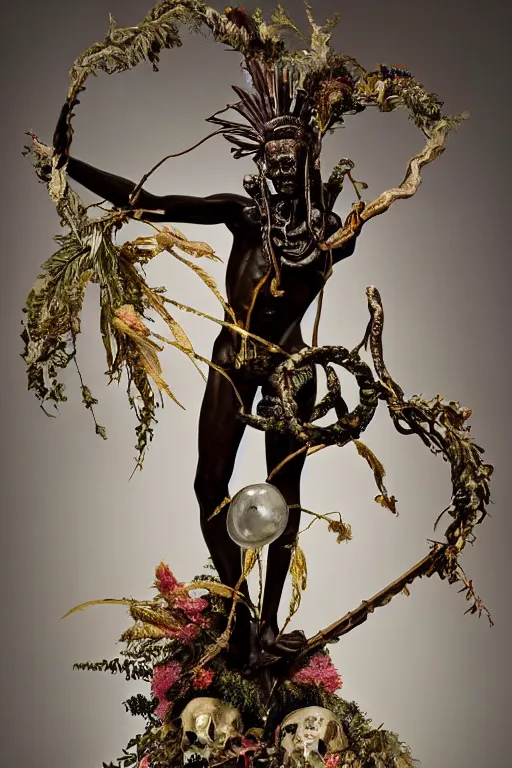 Prompt: Jean-Michel Basquiat as a bronze full-body statue of Icarus spreading his arms for flight, glowing quartz crystal skull, wreath of ferns, flowing sakura-colored silk, fabric, flowers. baroque elements, human skull. full-length view. baroque element. intricate artwork by caravaggio. many many birds birds on background. Trending on artstation. halo. octane render, cinematic, hyper realism, octane render, 8k, depth of field, 3D