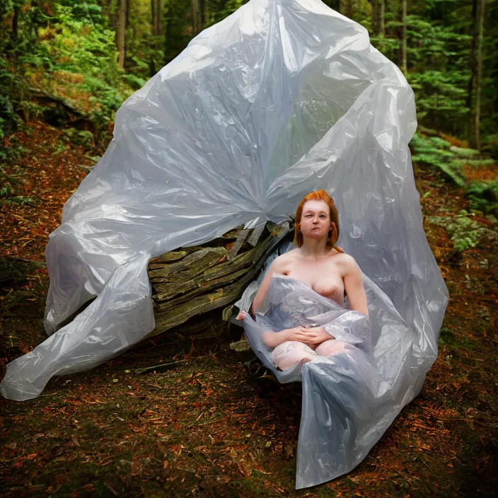 Image similar to a color photograph, closeup portrait of a woman wrapped in plastic, sitting in a plastic throne, in smokey mountains national park, color photograph, by vincent desiderio, canon eos c 3 0 0, ƒ 1. 8, 3 5 mm, 8 k, medium - format print