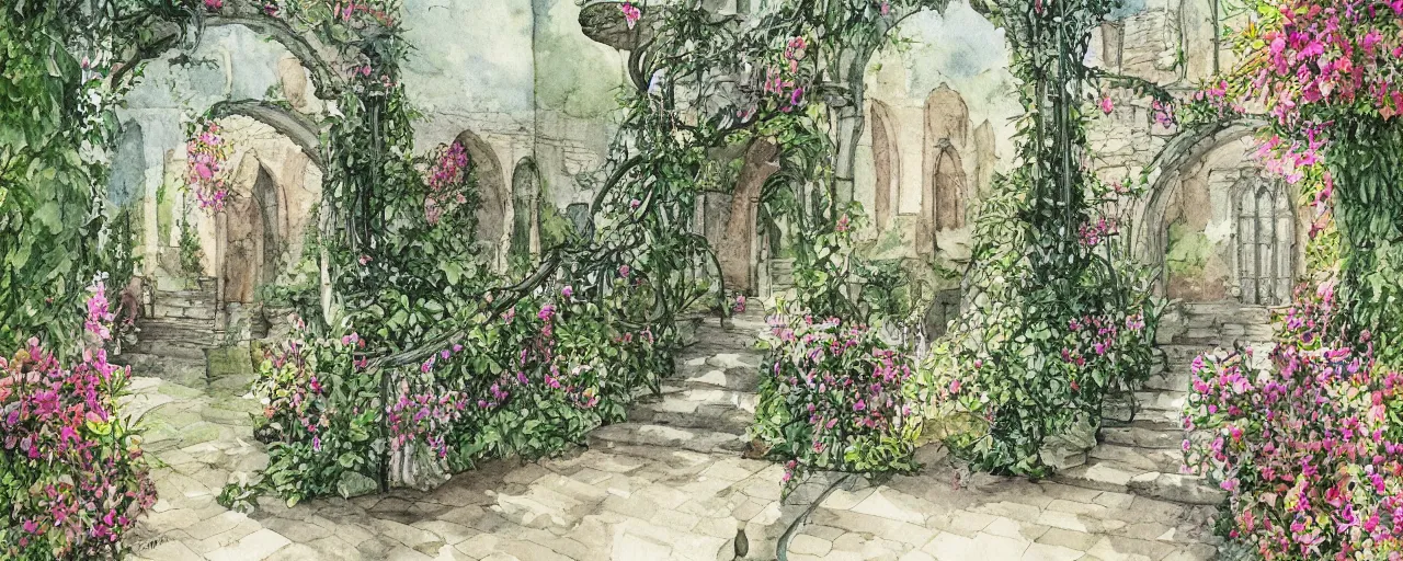 Image similar to courtyard walkway in an overgrown castle, sunny, stairway, chairs, wrought iron gate, tree, delicate, botanic garden, garden road, temple in a botanical herbarium paper, watercolor colored painting, iridescent colors, 8 k, realistic shaded, fine details, artstation, italian style, colonnade, huge flower
