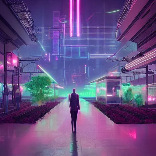 Prompt: rose garden in green house in the middle of a cyberpunk city at night by beeple, neon lights, very detailed, flying cars, blade runner 2 0 4 9