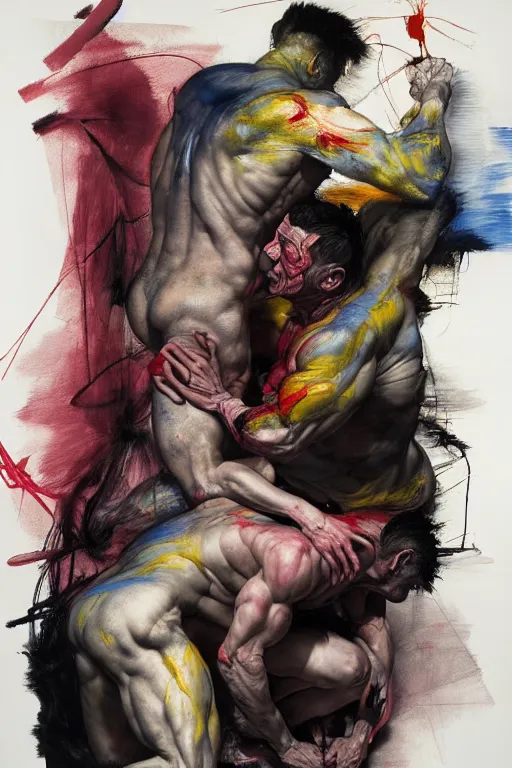 Image similar to two muscular men entwined, floating inside a brutalist space ship, gothic, rich deep colours, painted by francis bacon, adrian ghenie, james jean and jenny saville, part by gerhard richter, part by takato yamamoto. 8 k 3 d