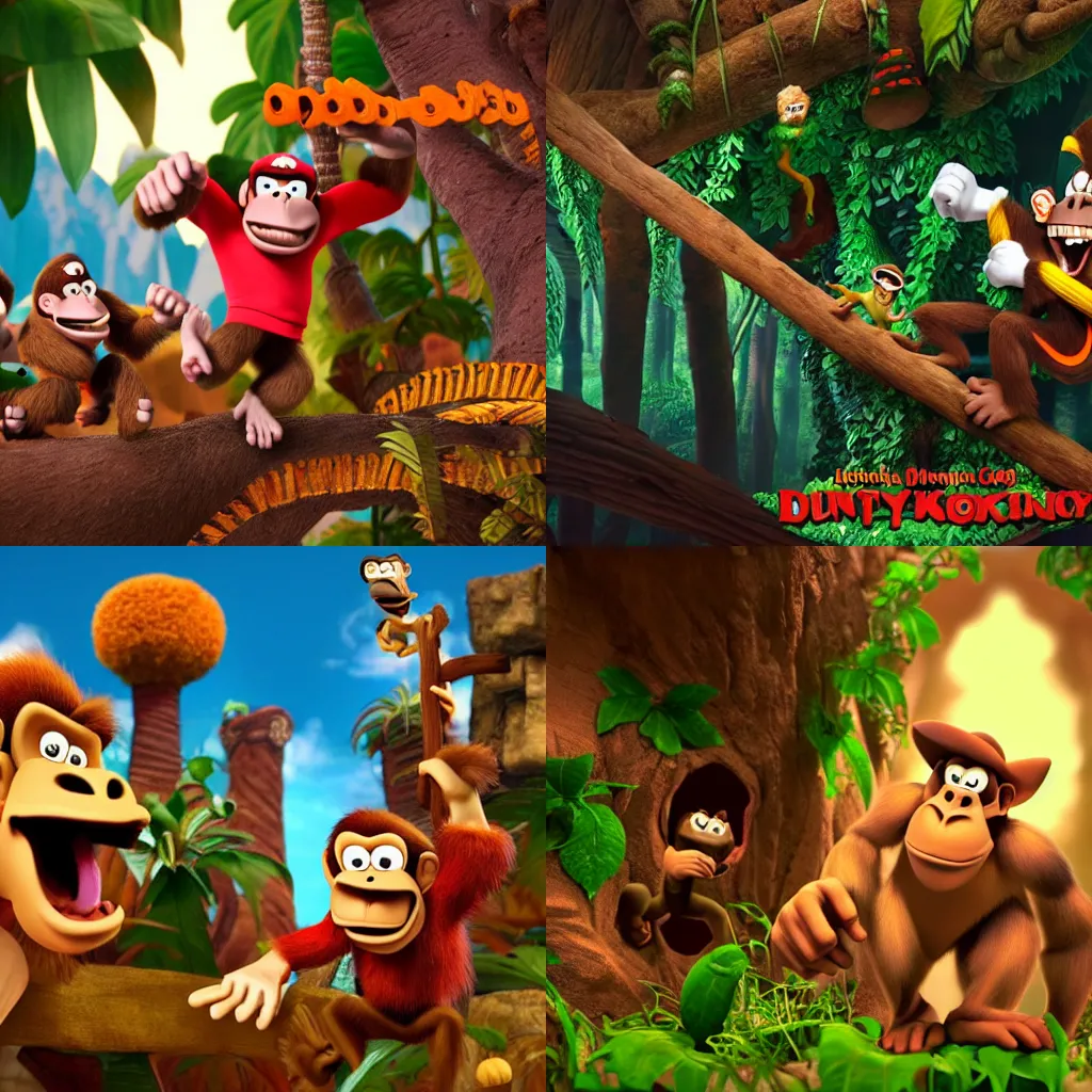 Prompt: stop motion animated adaptation of donkey kong country, henri selick, laika films, 4 k, hyper detailed, cinematic lighting, vivid colors