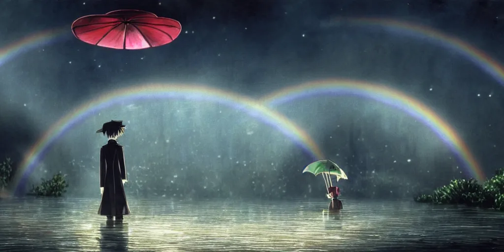 Image similar to a realistic and atmospheric cell - shaded concept art from howl's moving castle ( 2 0 0 4 ) of a rainbow colored ufo landing on the ground. a man with an umbrella is standing in a flooded parking lot. it is a misty starry night. very dull muted colors, hd, 4 k, hq