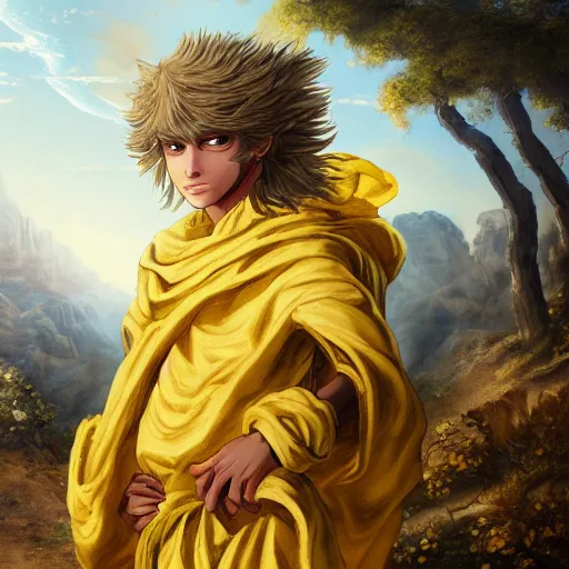Prompt: A epic and beautiful rococo painting of a young arabian boy half wolf covered in yellow cloth surrounded by wolves of ashes, standing before a desert of ashes. ultra-detailed. Anime, pixiv, UHD 8K CryEngine, octane render