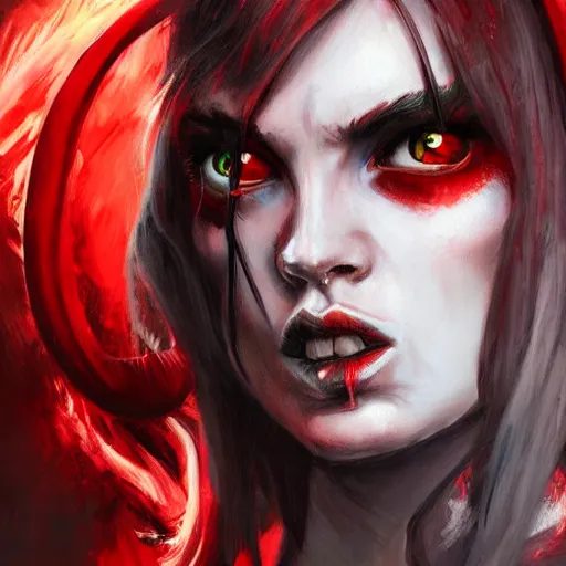 Image similar to artstation young woman with red eyes and horns on her head in fury, very detailed, , portrait, high contrast