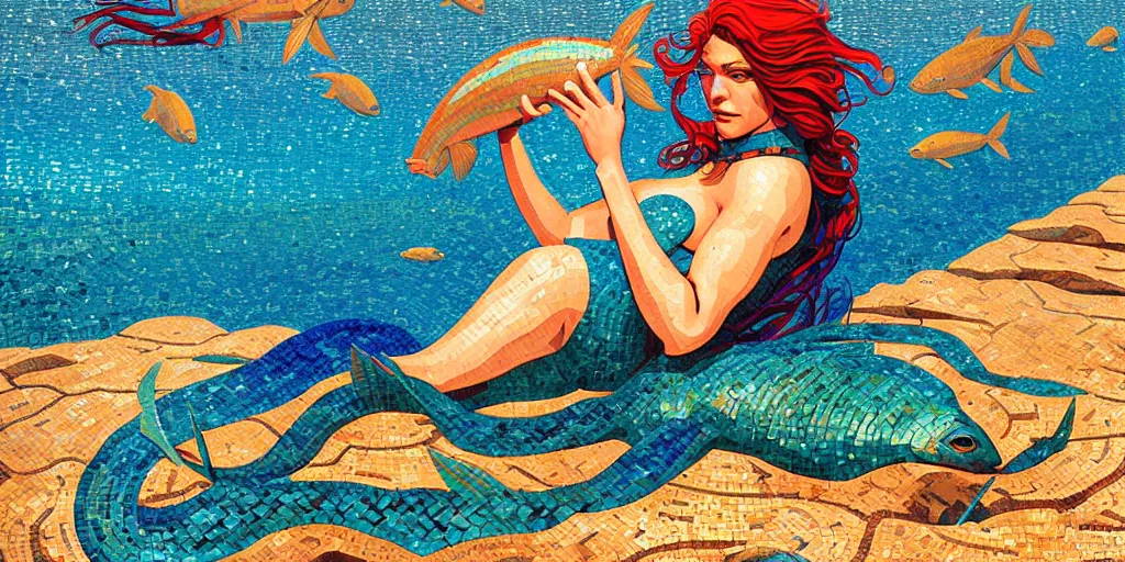 Image similar to roman mosaic of bluehead mermaid in sea, low ceiling, dynamic light, illustration by moebius, rhads, syd mead, dan mumford, clean thick line, comics style