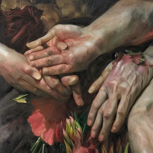 Image similar to a lot of hands touching flowers, by Jenny saville. Dark and atmospheric