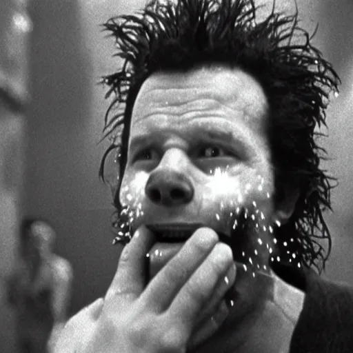 Prompt: photo of a man with bananas sticking out of his face, the ends of the bananas are exploding with firecrackers. Screenshot from Eraserhead. Cinematic 35mm motion blur film grain.