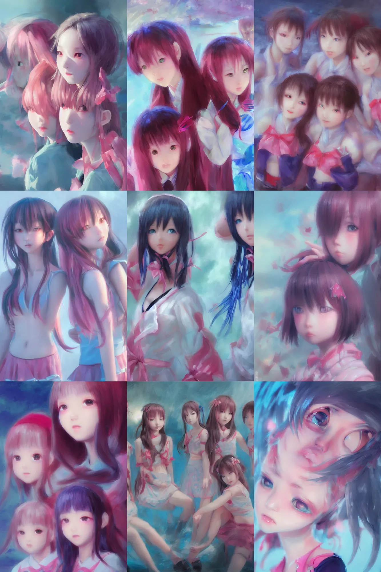 Image similar to 3d infrared octane render concept art by D. Jun, by Mo Xiang Tong Xiu, by Igarashi Daisuke, cute beauty complex portrait anime sad friends school girls under dark pink and blue water. beautiful and cutest sad face. dramatic deep light, trending on artstation, oil painting brush