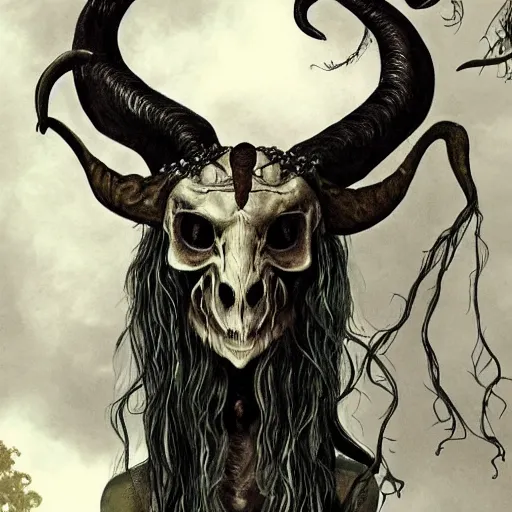 Image similar to ancient magus, fae, ram skull headed creature with black fur, elegant, tendrils, forest, heavy fog, fantasy, hyper realistic