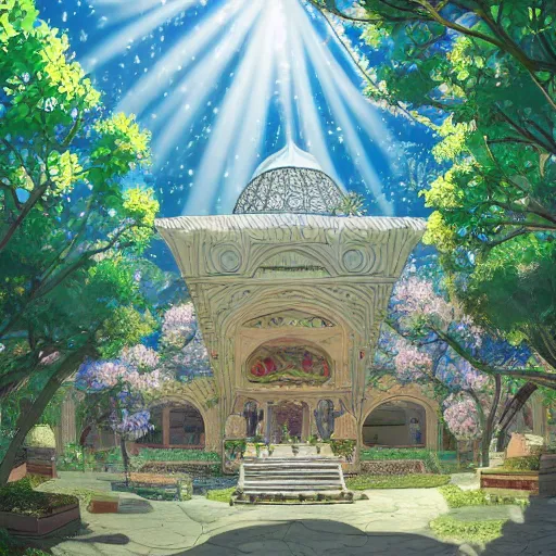 Prompt: a beautiful hyperdetailed illustration of absolutely beautiful blooming flower masjid alone, perfectly shaded, sun rays, natural light, style of studio ghibli