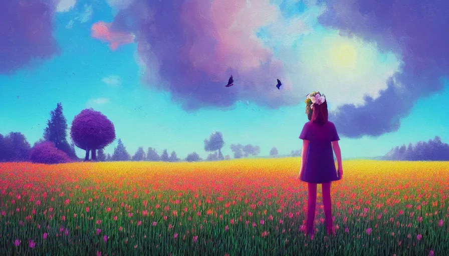 Image similar to girl with a flower face, surreal photography, dream, standing in flower field, hills, big trees, sunrise dramatic light, impressionist painting, colorful clouds and birds in sky, digital painting, pointillism, artstation, simon stalenhag