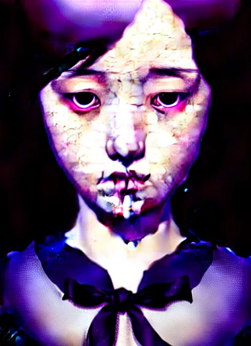 Image similar to an attractively pretty young woman with morbid thoughts wearing a Japanese-style school uniform, she is the queen of black roses, by Casey Baugh, Steve Caldwell, Gottfried Helnwein, Yasunari Ikenaga, and Range Murata, digital render, hyperrealism, 1970s Italian film lighting, 8k resolution, masterpiece work.