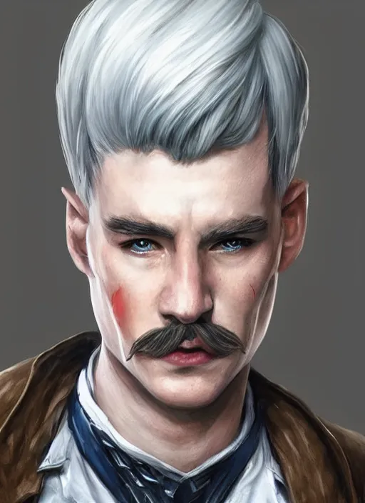 Image similar to young man with short white combover hair and moustache, dndbeyond, bright, colourful, realistic, dnd character portrait, full body, pathfinder, pinterest, art by ralph horsley, dnd, rpg, lotr game design fanart by concept art, behance hd, artstation, deviantart, hdr render in unreal engine 5