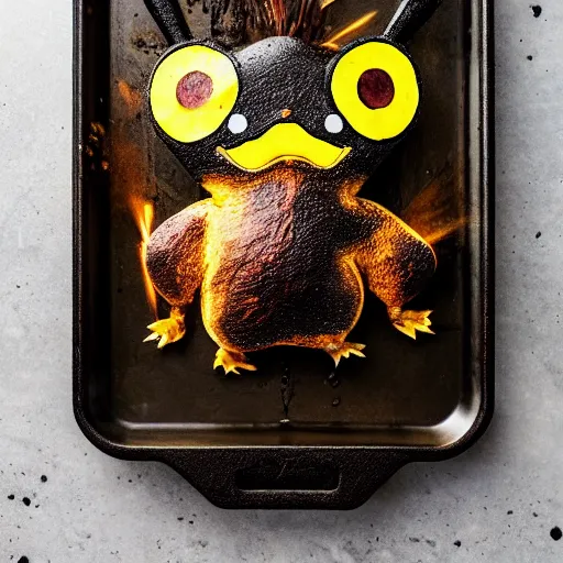 Image similar to roasted spatch pikachu in a baking tray with rosemary and thyme, cooking oil, steam, charred, ready to eat, electric sparks