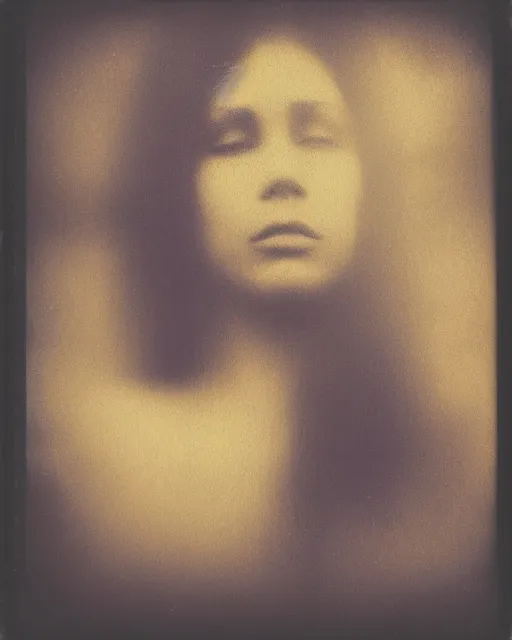 Prompt: a woman's face peaking above the water, serene emotion, polaroid, gritty texture, smoke on the water, harsh lighting