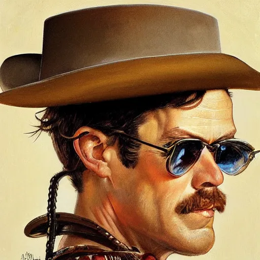 Image similar to a man, cowboy hat, portrait, cowboy movie character, wild west, fantasy, highly detailed, oil painting, illustration, art by Charles E. Chambers, J. C. Leyendecker and norman rockwell