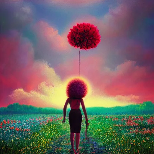Image similar to big red flower afro, full body, girl walking in the middle of a field with flowers, surreal photography, hills, sunrise dramatic light, impressionist painting, colorful clouds, digital painting, pointillism, artstation, simon stalenhag