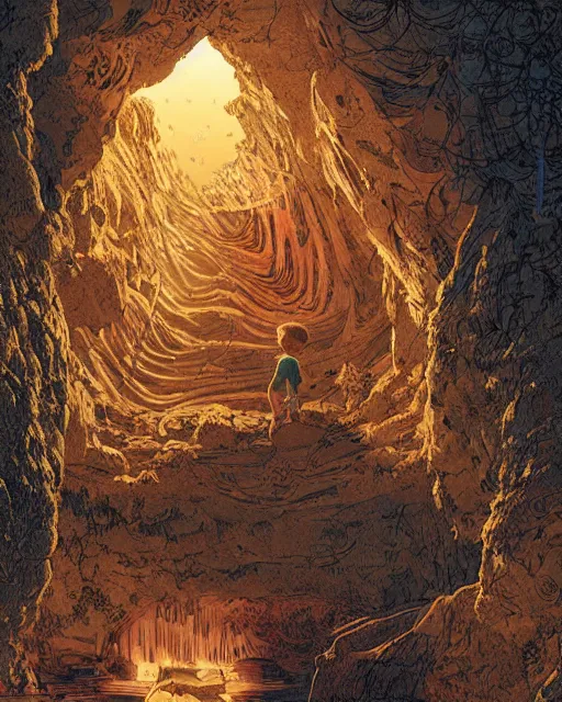 Image similar to a young boy opening a giant wooden door with archaic symbols embedded onto it, in a cave by the water, digital art, illustrated by james gurney and victo ngai