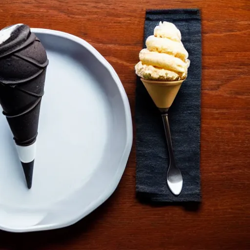 Image similar to photograph of a formal presentation of an ice cream cone on a plate with grotesque silverware in a fancy avant-garde restaurant