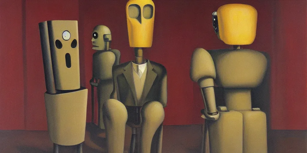 Prompt: evil mastermind robot portrait, grant wood, pj crook, edward hopper, oil on canvas