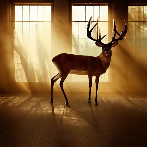 Prompt: a great 4 legged deer standing majestic in a large industrial room with small windows, golden light, smoke effect on the floor, backlit, insane details, hyperrealistic photo by jimmy nelson, trending on artstation