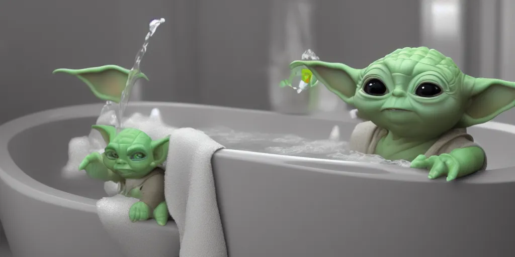 Image similar to Baby Yoda sitting in a tub taking a bubble bath, hyperdetailed, artstation, cgsociety, 8k