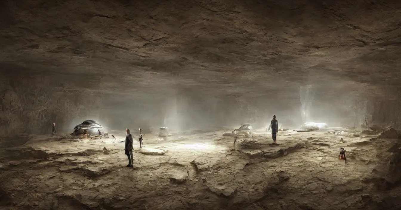 Image similar to futuristic archaeologist excavating buried huge alien spaceship, in the hidden room in egypt pyramid, reflections, volumetric light in rain, deep sense of horror atmosphere, visual fidelity and plasticity, deep depth, defocus, in style of james paick, rendered in vray, raytracing, raymarching