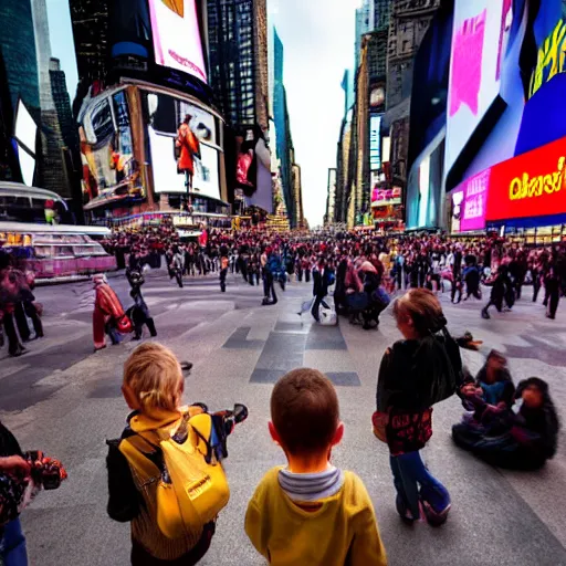 Image similar to a child being surrounded by giant smartphones on the busiest time square ever, photography, hyperrealism, cinematic, bokeh