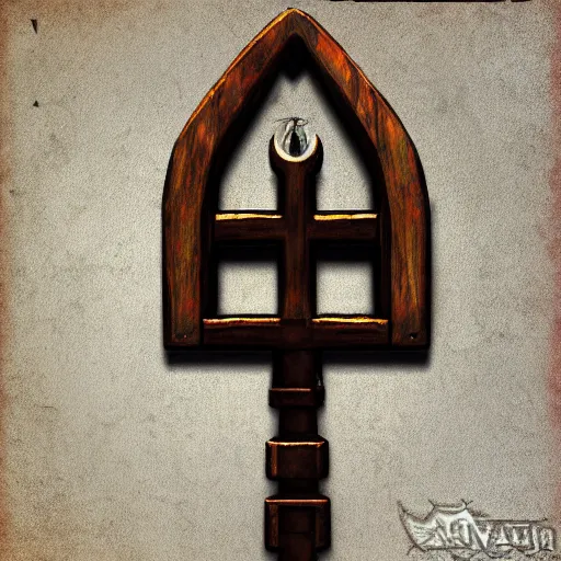 Image similar to a medieval wooden key for the doors, rpg game inventory item, Warcraft style, outer glow, solid background, trending on artstation