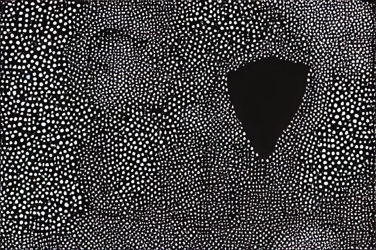 Image similar to black figure, faceless people dark, dots, drip, stipple, pointillism, technical, abstract, minimal, style of francis bacon, asymmetry, pulled apart, cloak, hooded cowl, made of dots, abstract, balaclava, colored dots, sploch