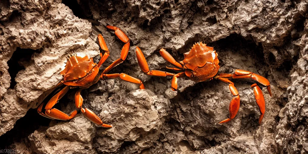 Prompt: crabs feeding on carrion inside of a dark cave, speleothems, geologic stratum, torch light, rituals, organs, extremely detailed, photorealistic, 4 k, 8 k