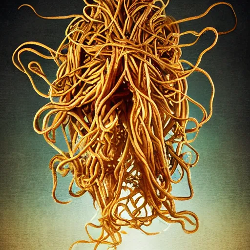 Prompt: Cinematic detailed portrait of the flying spaghetti monster.
