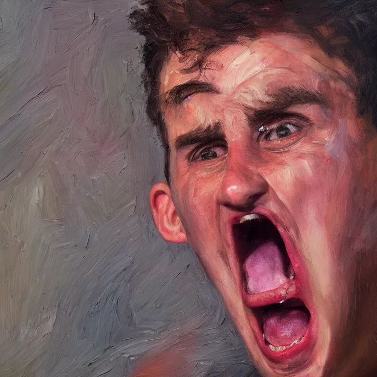 Prompt: warmly lit close up studio portrait of young angry!! screaming teenage Michael Scott furious!, impasto oil painting thick brushstrokes by Lucian Freud and Cy Twombly and Tim Hawkinson , trending on artstation dramatic lighting Expressionism