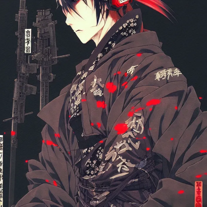 Prompt: a beautiful ukiyo painting of cyberpunk ninja, wearing cyberpunk streetwear, detailed close up portrait, concept art, by takato yamamoto, wlop, krenz cushart. cinematic dramatic atmosphere, sharp focus