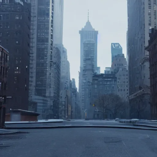 Prompt: post - apocalyptic new york city, cinematic, wide shot, movie screenshot