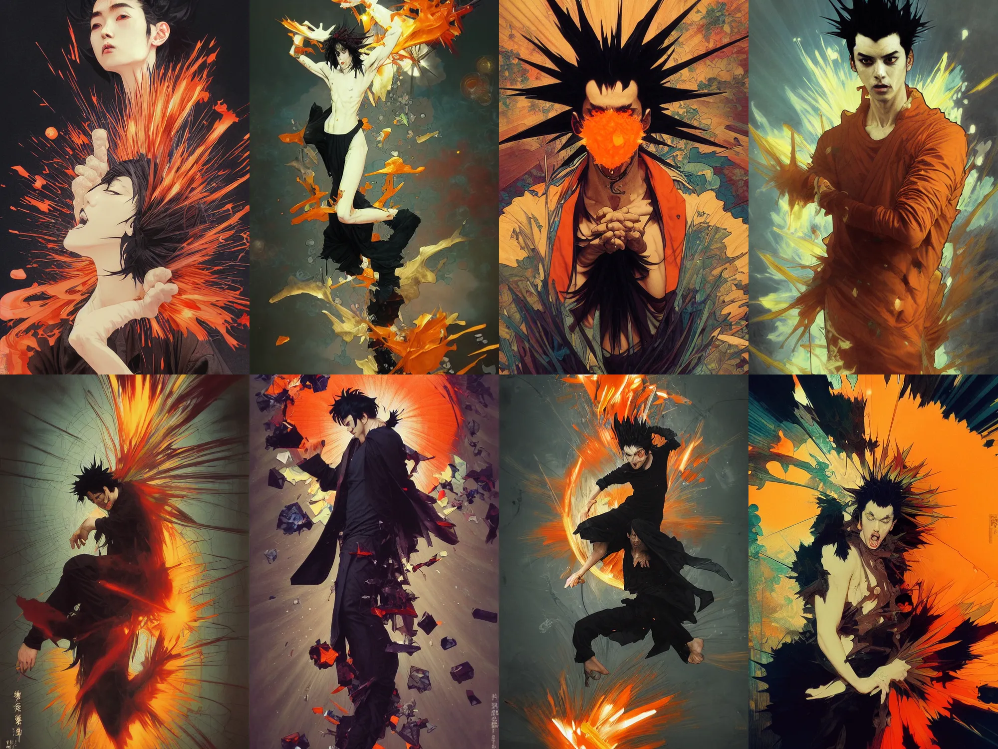 Prompt: a mad guy with spike black hair, orange spike aura in motion, damaged japanese clothes, floating pieces, painted by art by tsuyoshi nagano, greg rutkowski, artgerm, alphonse mucha, spike painting