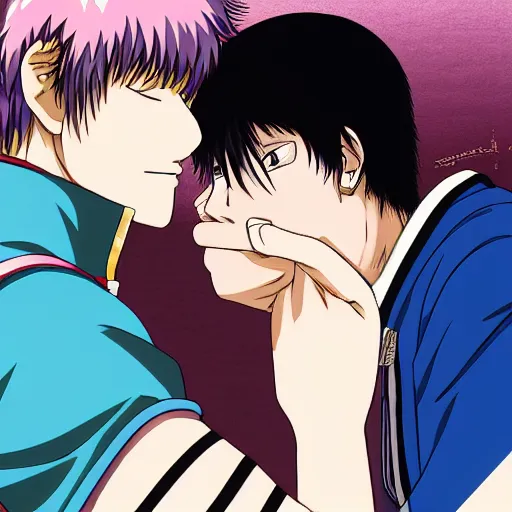 Image similar to Gintoki Sakata kissing Katsura Kotarou,Official character illustration,Popular on Pixiv,Gintama Doujin,fantasy cherry blossom background