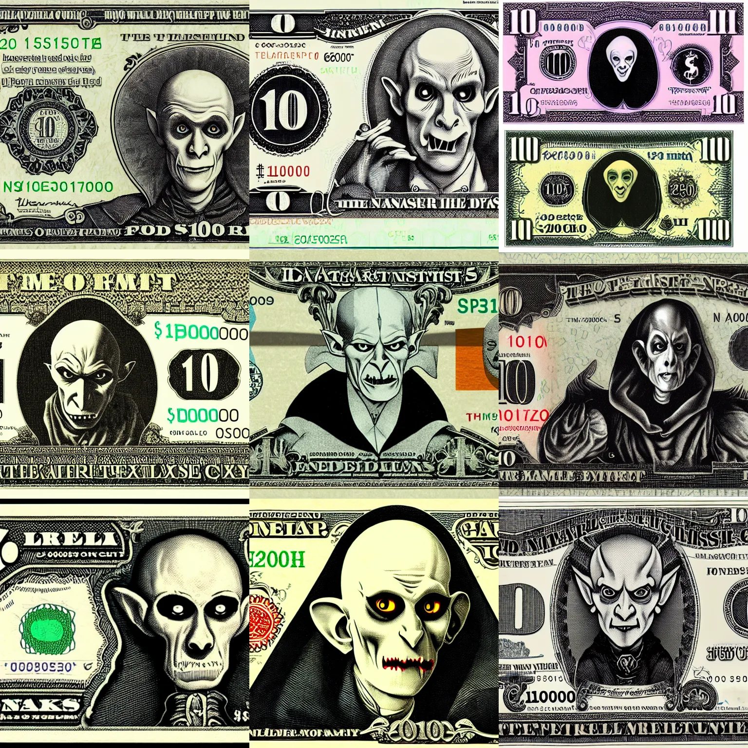 Prompt: nosferatu $ 1 0 0 bill