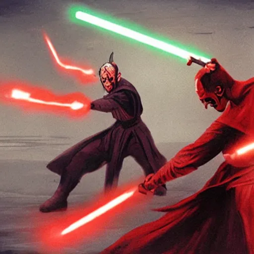 Image similar to concept art of darth maul fighting luke skywalker