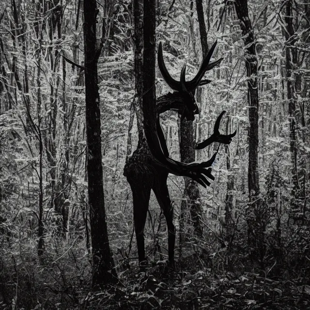 Image similar to bloody wendigo in forest at night, night vision, shot from ground, grainy