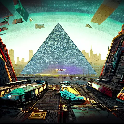 Prompt: flying saucer with a pyramid top shooting at a cyberpunk city, very detailed, realistic, many colors, art by invincible,