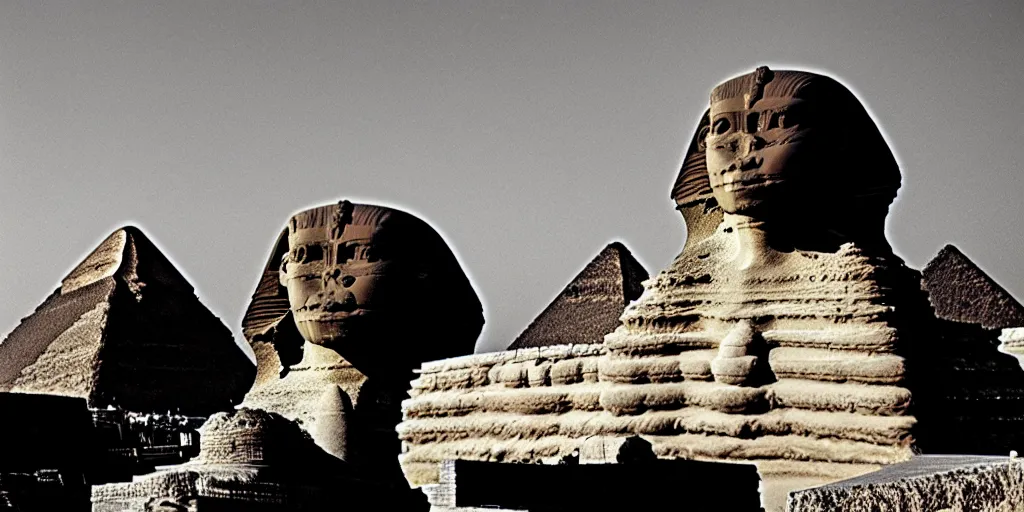 Prompt: a predator head on the great sphinx, wide angle establishing shot,