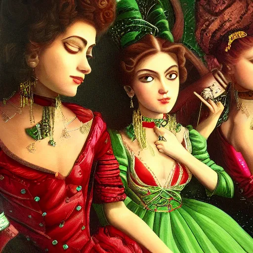 Image similar to a highly detailed painting. Beautiful radiant twin sisters and the musician Prince. Prince is green with jealousy. Cinematic Art.