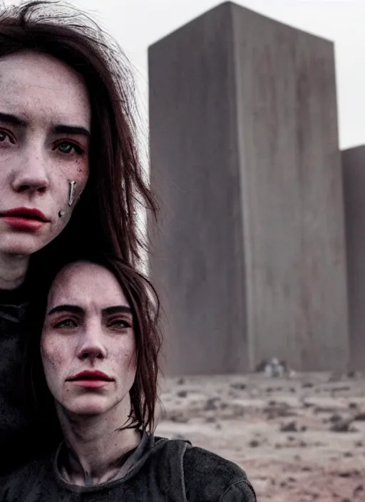 Image similar to cinestill 5 0 d photographic portrait of two loving female androids wearing rugged black techwear on a desolate plain with a brutalist monument and a red sky, extreme closeup, cyberpunk style, dust storm, 8 k, hd, high resolution, 3 5 mm, f / 3 2, ultra realistic faces, ex machina