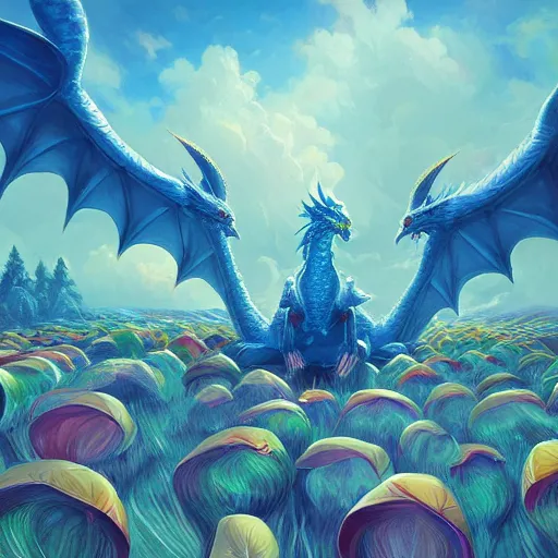 Image similar to rainbow dragon in a field of piones, blue clear sky, soft color, highly detailed, digital painting, artstation, concept art, matte, sharp focus, impressionnisme, art by james jean