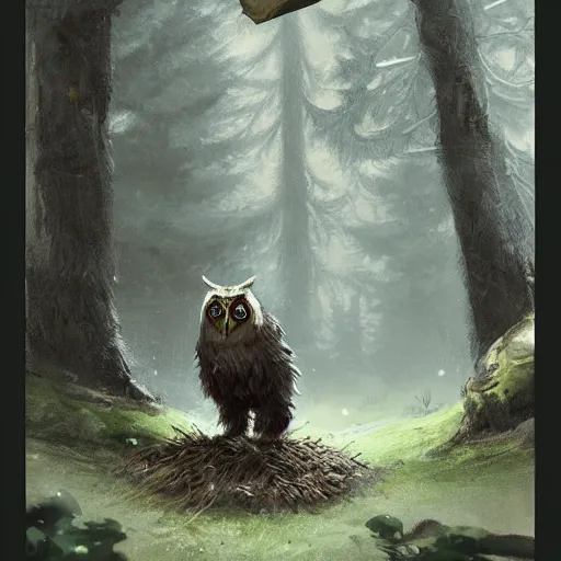 Image similar to three quarter portrait of an owlbear in the forest, d & d, fantasy, greg rutkowski