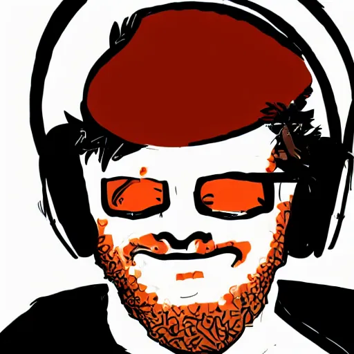 Image similar to streamer on twitch with black hat, stubble, ginger hair, orange hair, black cap, stubbles, red headphones, in the style of tatsuro kiuchi, art, abstract