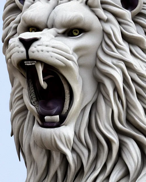 Image similar to a marble statue of a roaring lion, hyper realistic, 4 k, grainy marble, hyper detailed